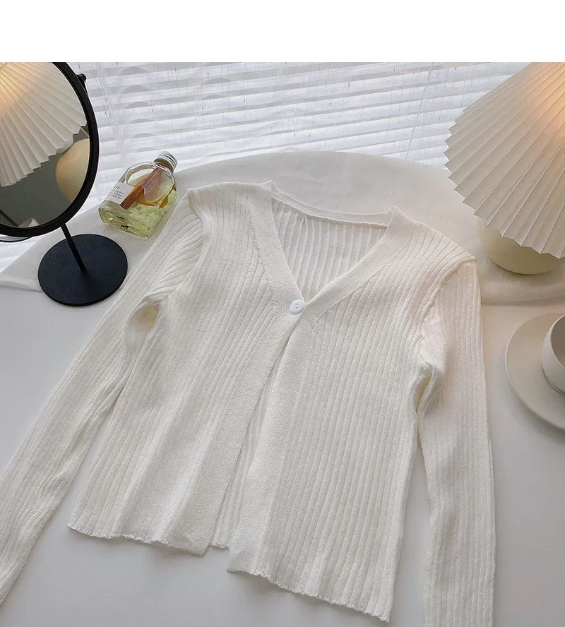 Candy V-neck one button cardigan versatile long sleeve short top  6534