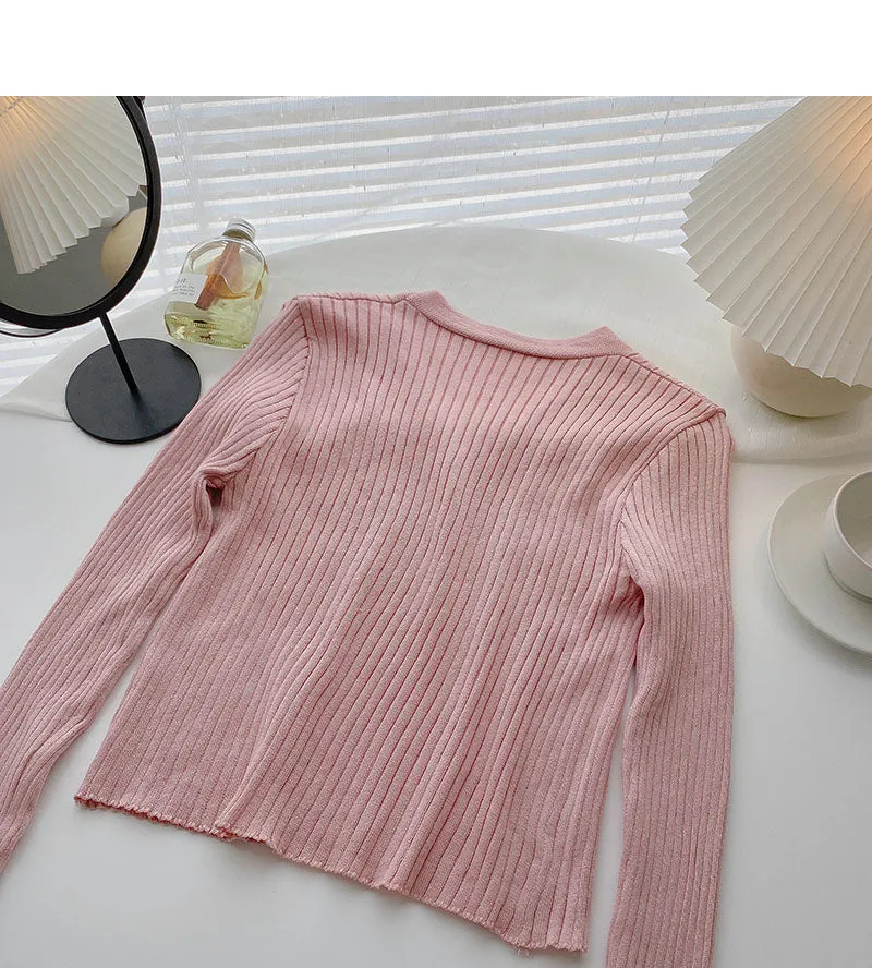 Candy V-neck one button cardigan versatile long sleeve short top  6534