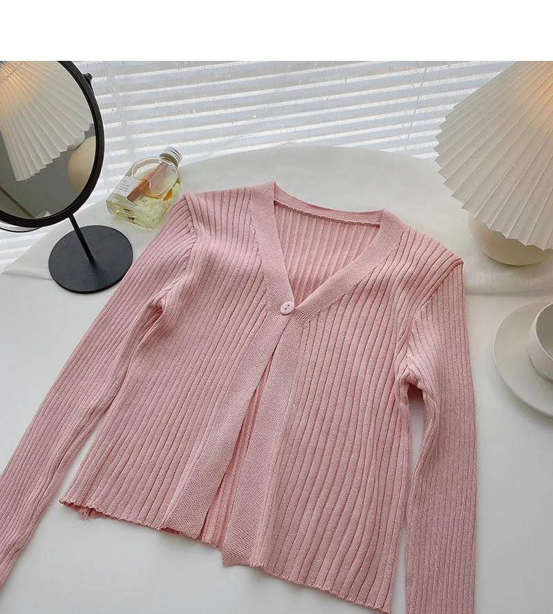 Candy V-neck one button cardigan versatile long sleeve short top  6534