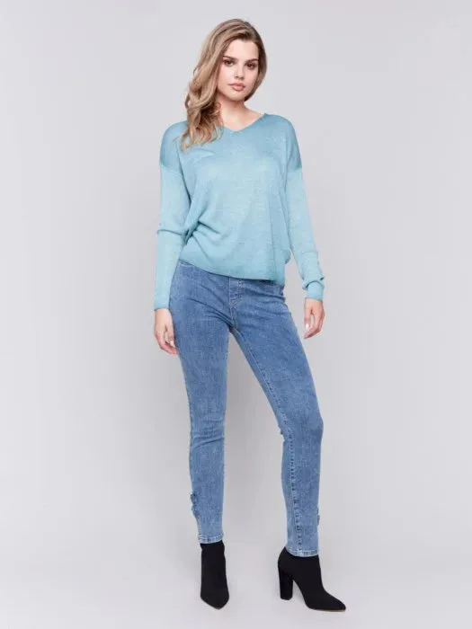 Charlie B Cold-Dye Light Knit V-Neck Drop-Shoulder Sweater - Peacock