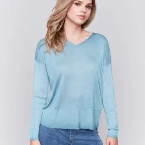 Charlie B Cold-Dye Light Knit V-Neck Drop-Shoulder Sweater - Peacock