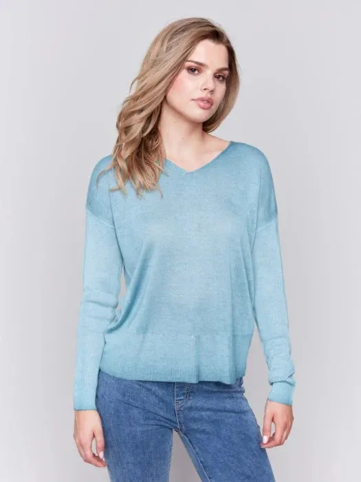 Charlie B Cold-Dye Light Knit V-Neck Drop-Shoulder Sweater - Peacock