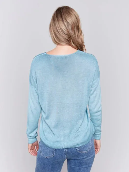 Charlie B Cold-Dye Light Knit V-Neck Drop-Shoulder Sweater - Peacock