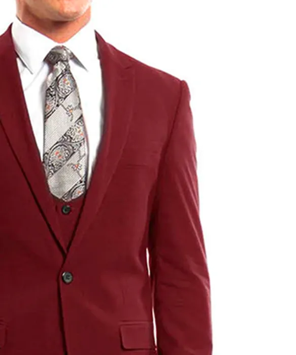 Cherry Red Slim Fit Men's Suit with Vest Set