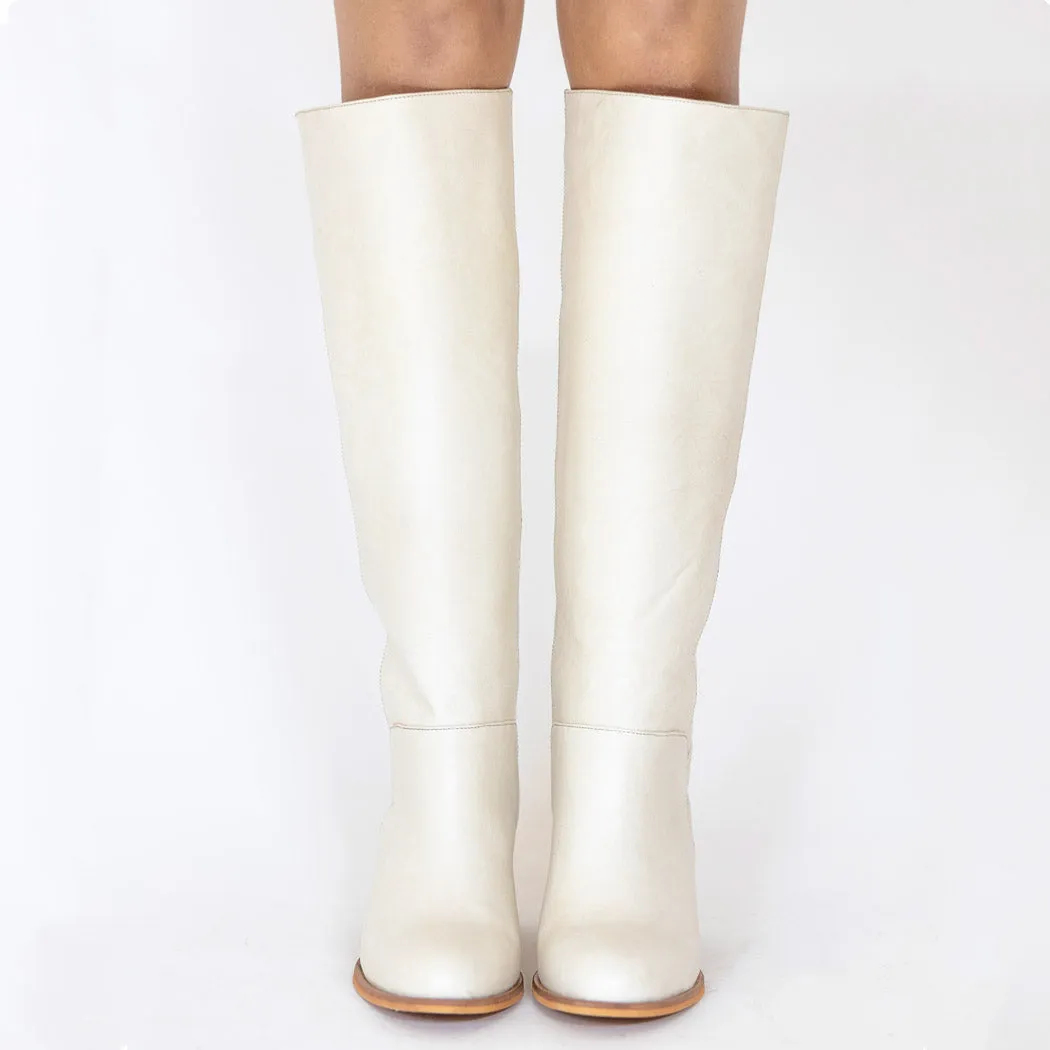 Cleo knee-high block heel boots in off white leather womens shoe