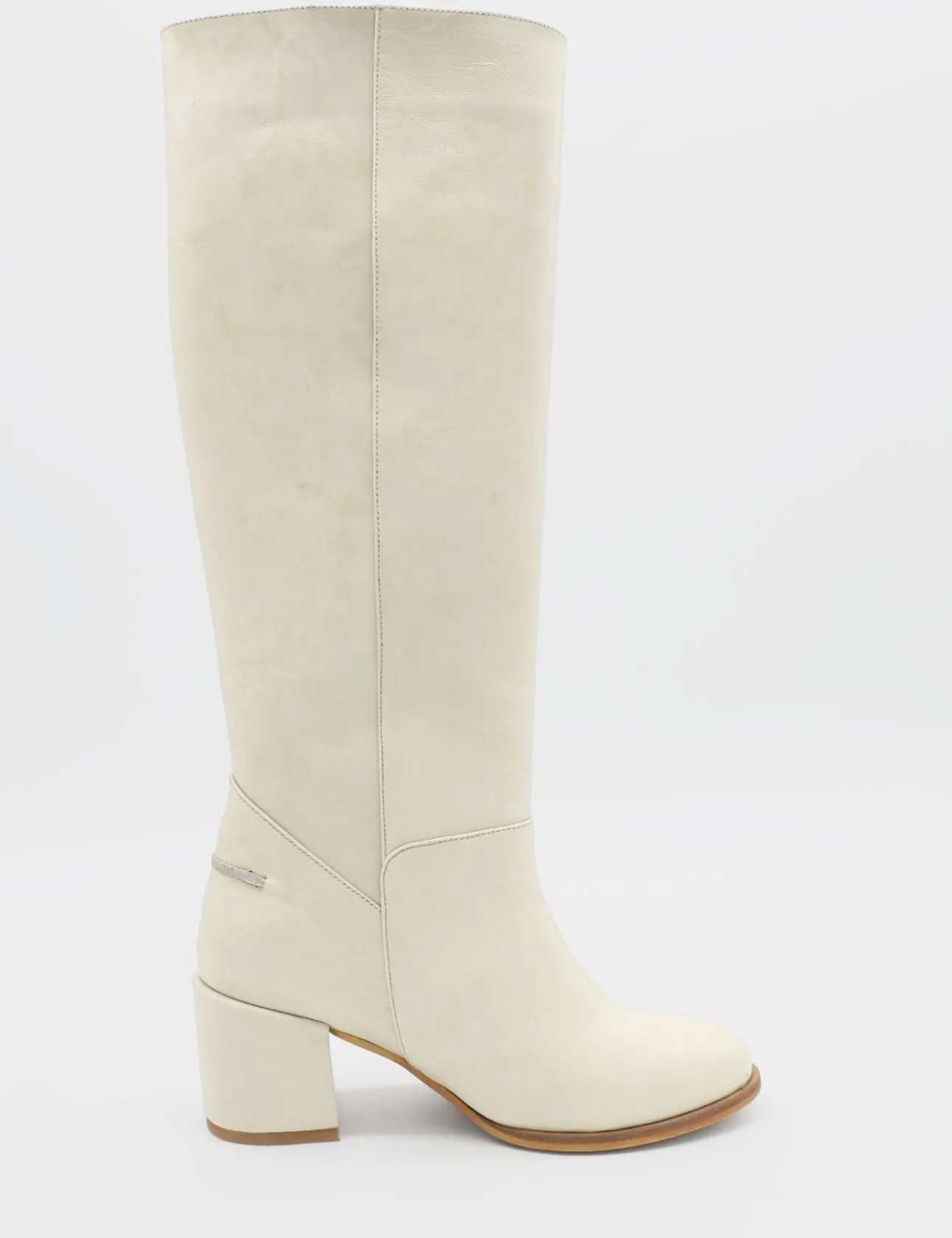 Cleo knee-high block heel boots in off white leather womens shoe