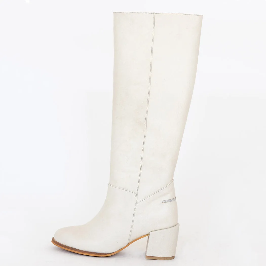 Cleo knee-high block heel boots in off white leather womens shoe