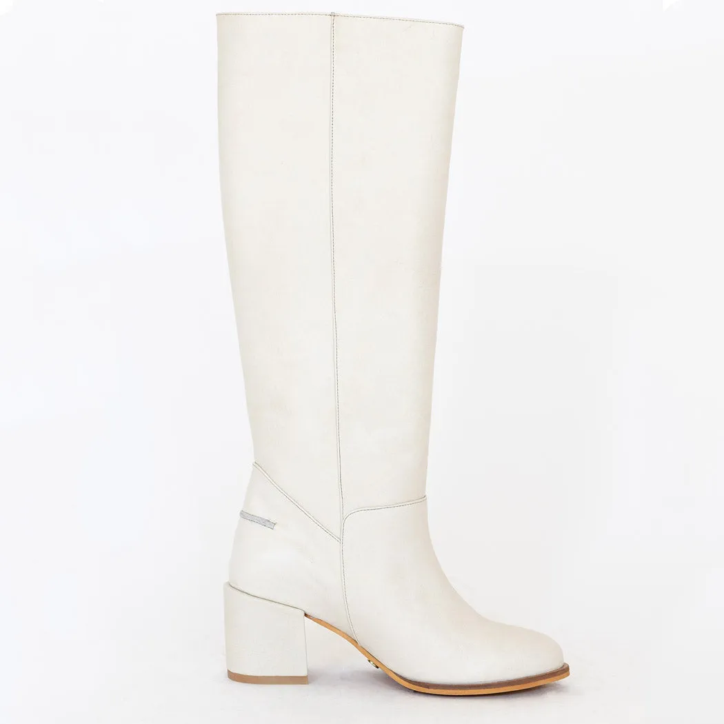 Cleo knee-high block heel boots in off white leather womens shoe