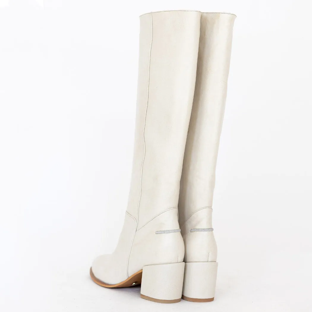 Cleo knee-high block heel boots in off white leather womens shoe