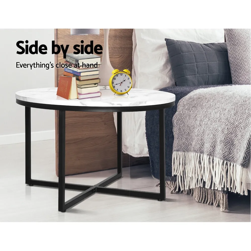 Coffee Table Marble Effect Side Tables Bedside Round Black Metal 70X70CM