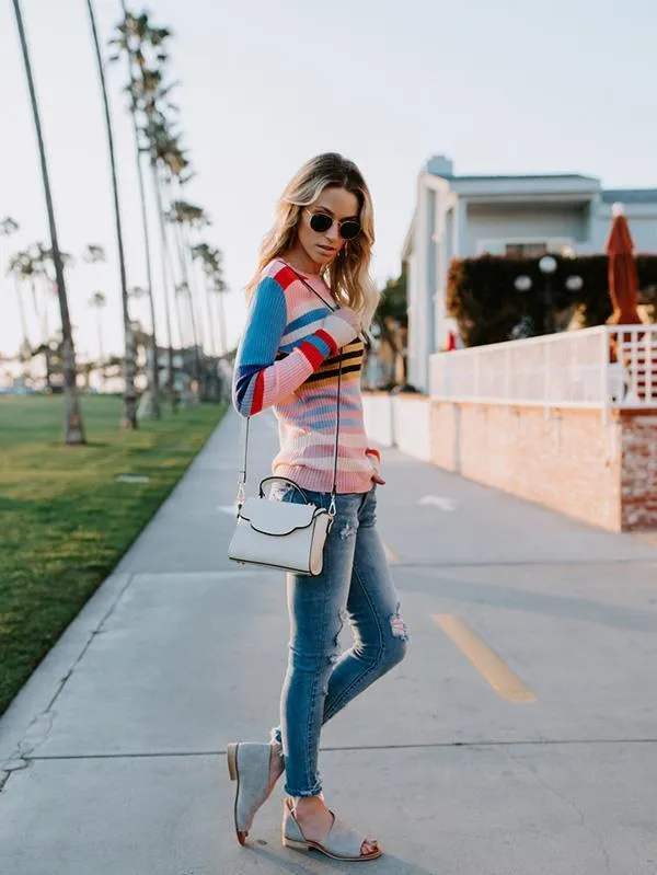 Colorful Stripe Round Neck Long Sleeve Sweater