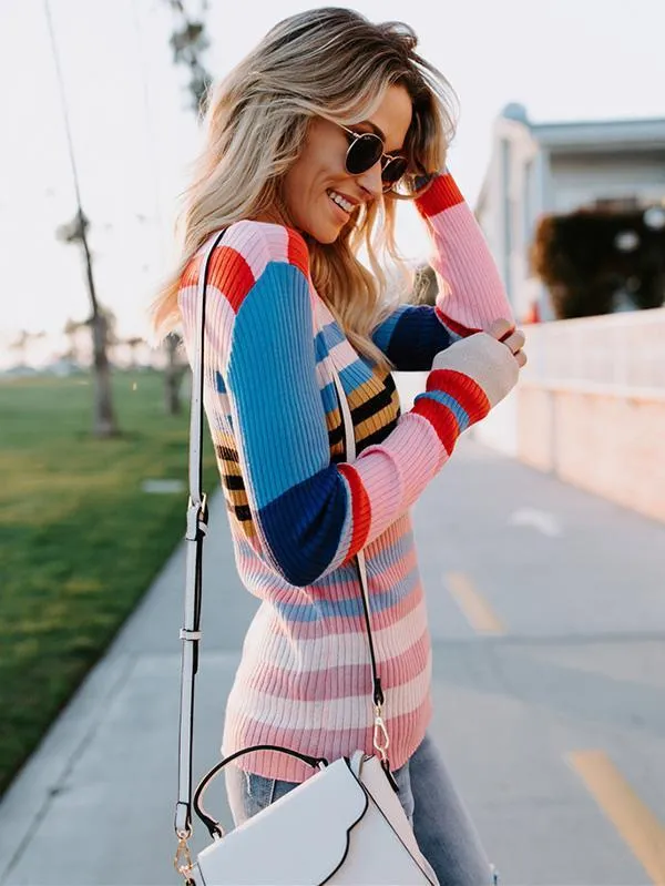 Colorful Stripe Round Neck Long Sleeve Sweater