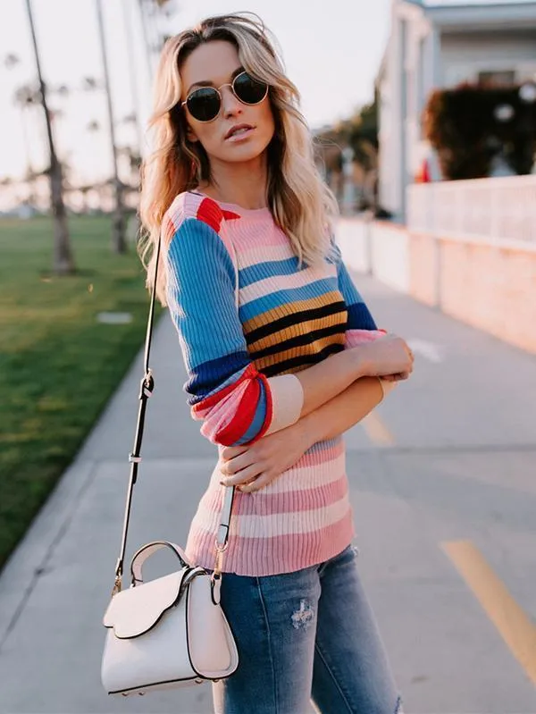 Colorful Stripe Round Neck Long Sleeve Sweater