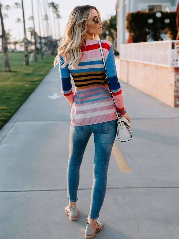 Colorful Stripe Round Neck Long Sleeve Sweater