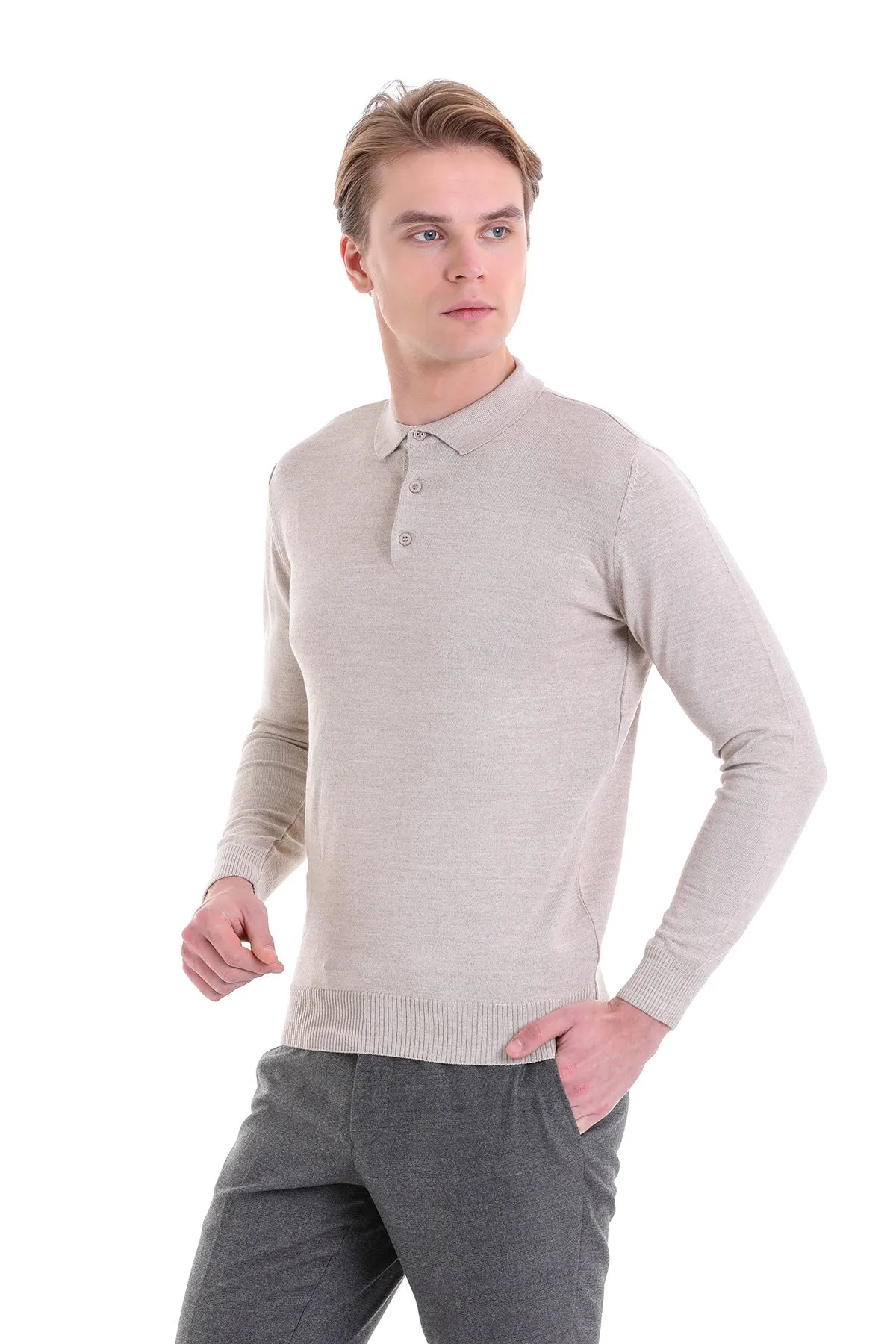 Comfort Fit Wool Blend Beige Polo Sweater