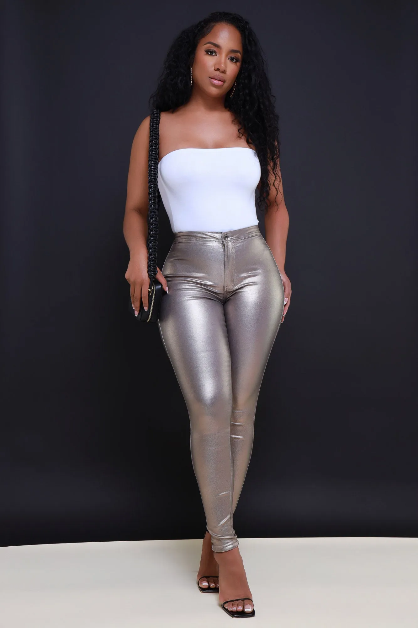 Coming In Hot High Rise Metallic Skinny Pants - Champagne