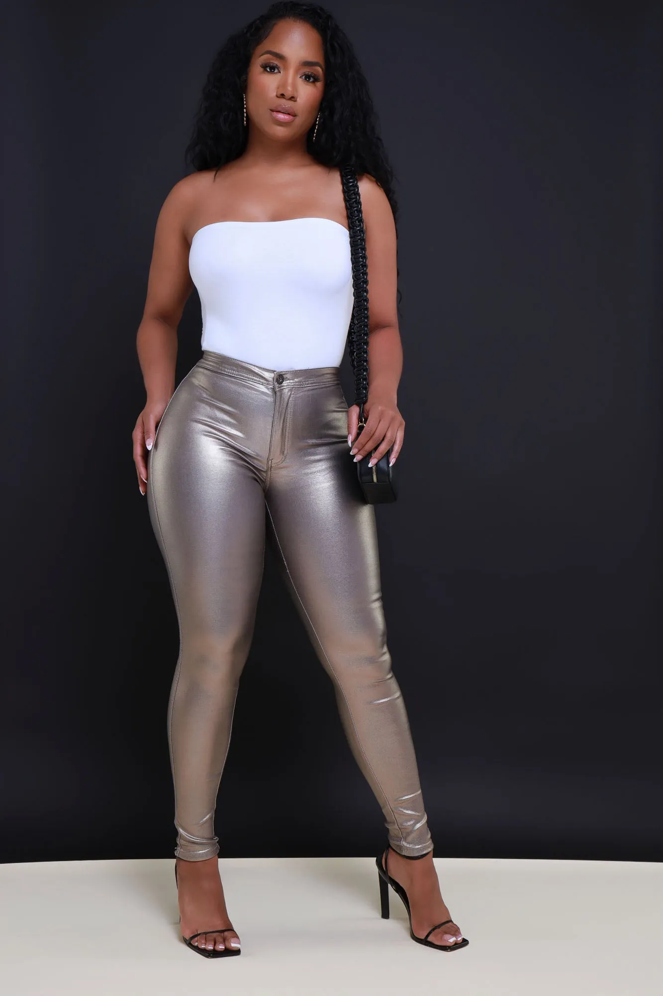 Coming In Hot High Rise Metallic Skinny Pants - Champagne