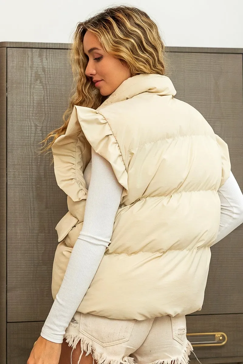 Cream Ruffled Armhole Collared Puffer Vest