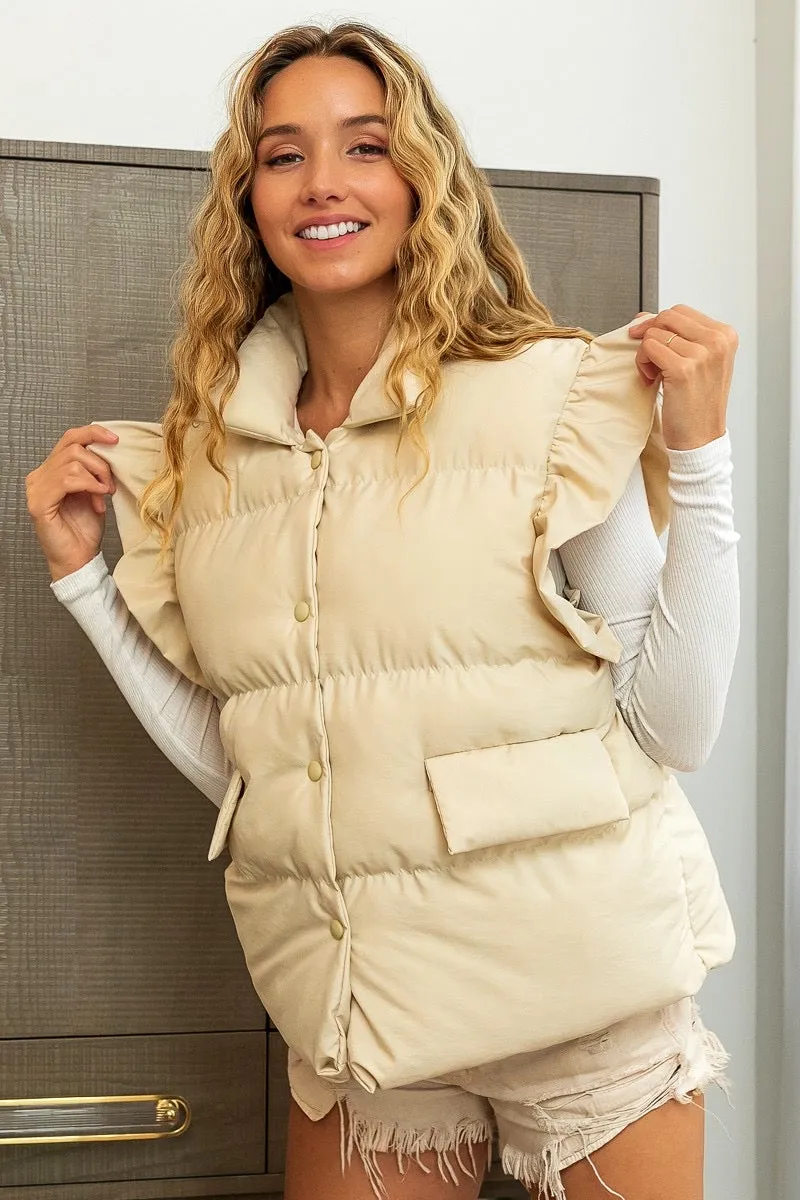 Cream Ruffled Armhole Collared Puffer Vest