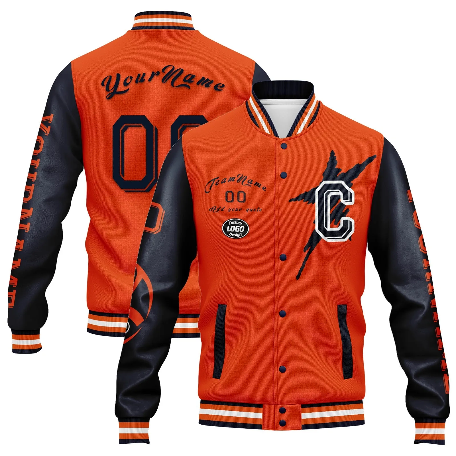 Custom Blue Orange Chicago Jacket Bomber Full-Snap Varsity Letterman Personalized Jacket FZ005SX-D020290-7