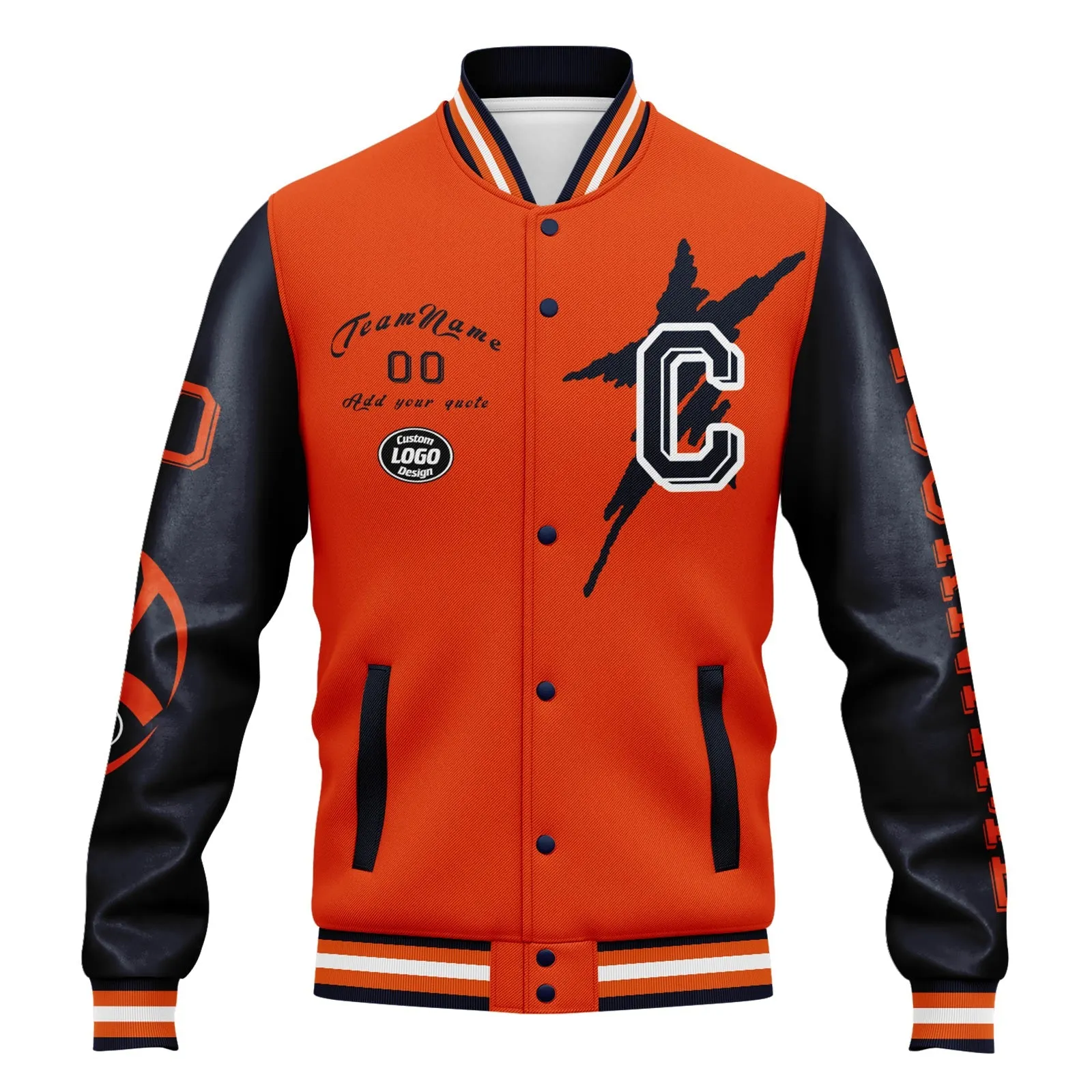 Custom Blue Orange Chicago Jacket Bomber Full-Snap Varsity Letterman Personalized Jacket FZ005SX-D020290-7