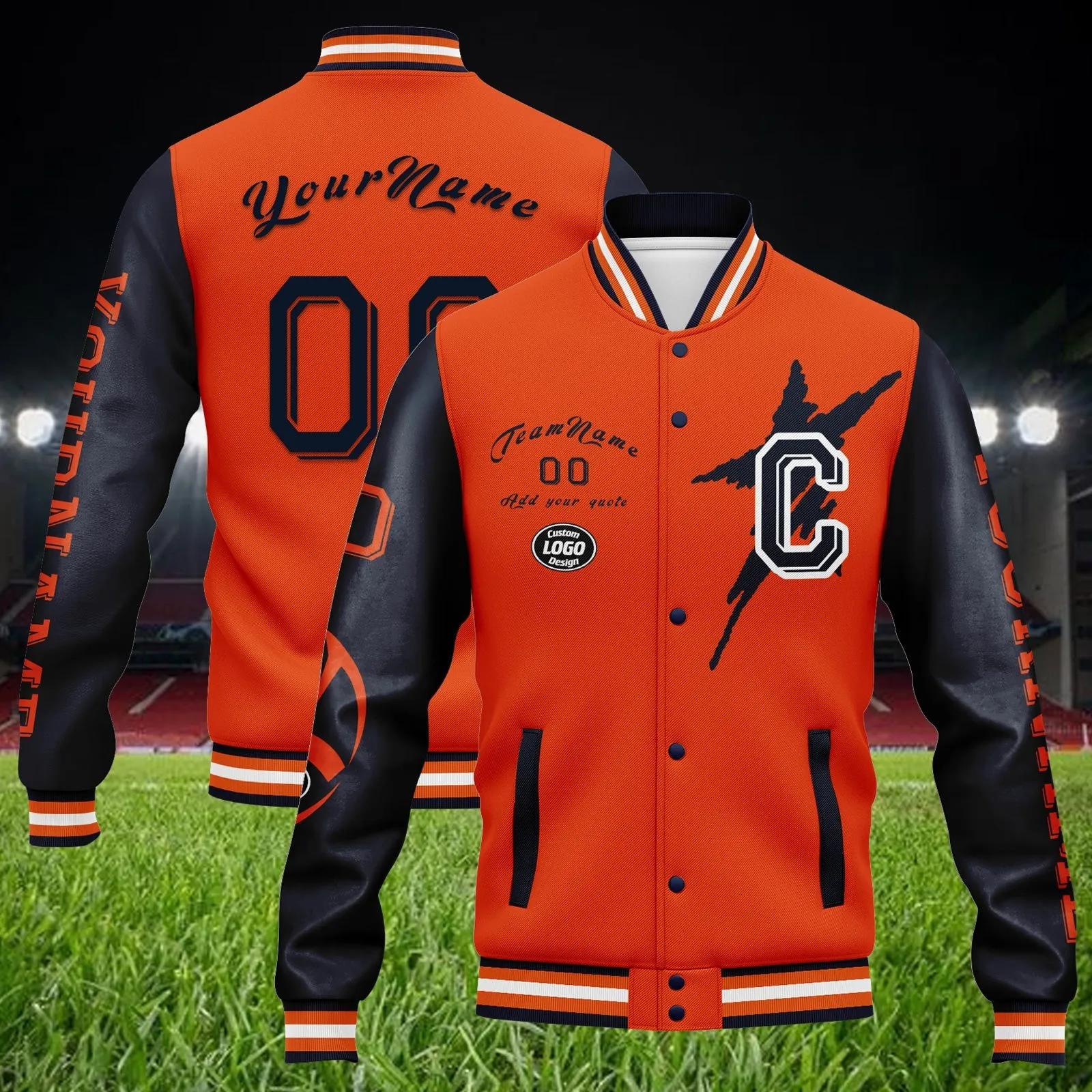 Custom Blue Orange Chicago Jacket Bomber Full-Snap Varsity Letterman Personalized Jacket FZ005SX-D020290-7