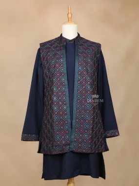 Dark Blue Raw Silk Embroidery Indo-Western Sherwani Suit, with Pant