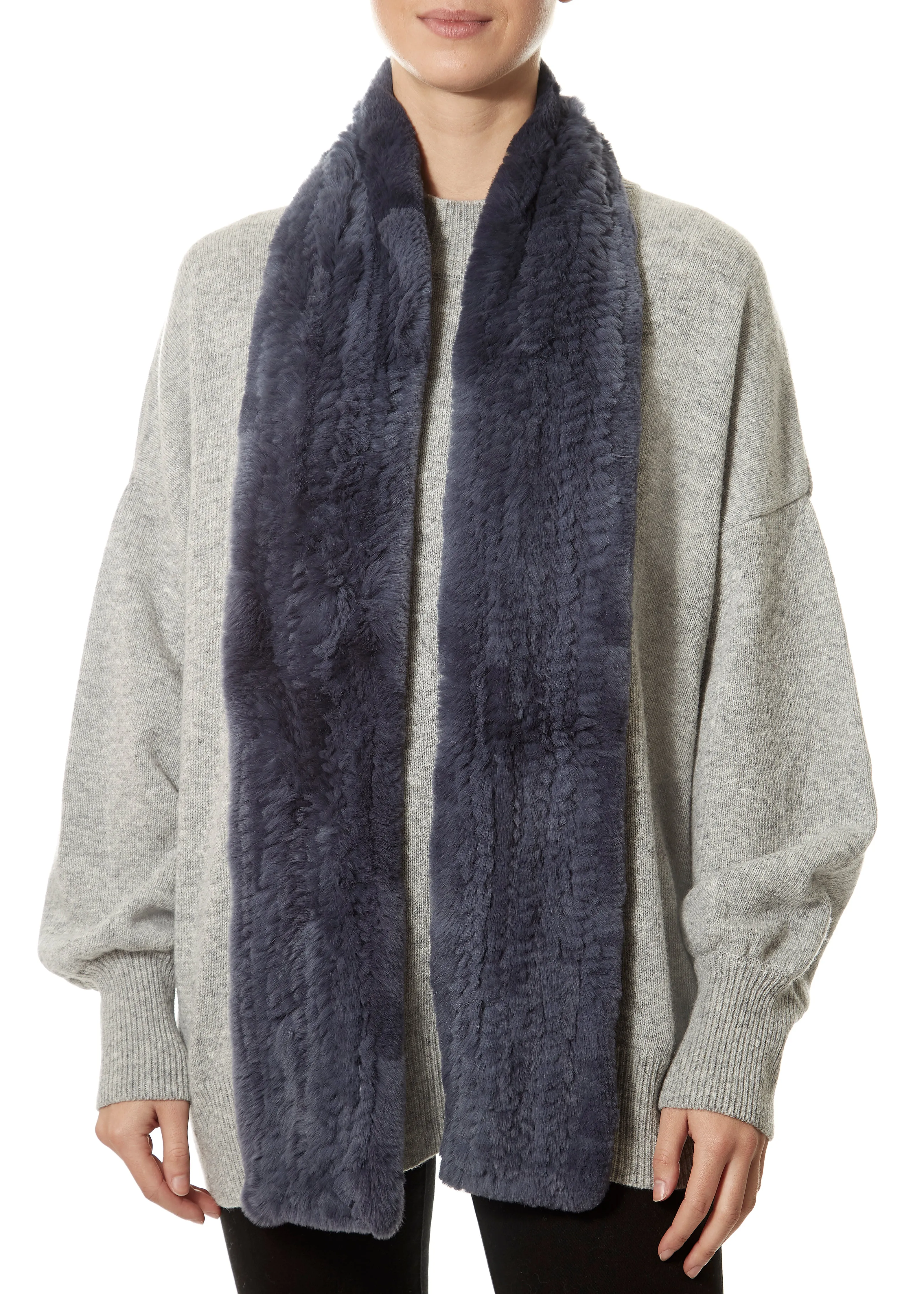 Dark Denim Blue Open Real Rex Rabbit Fur Scarf