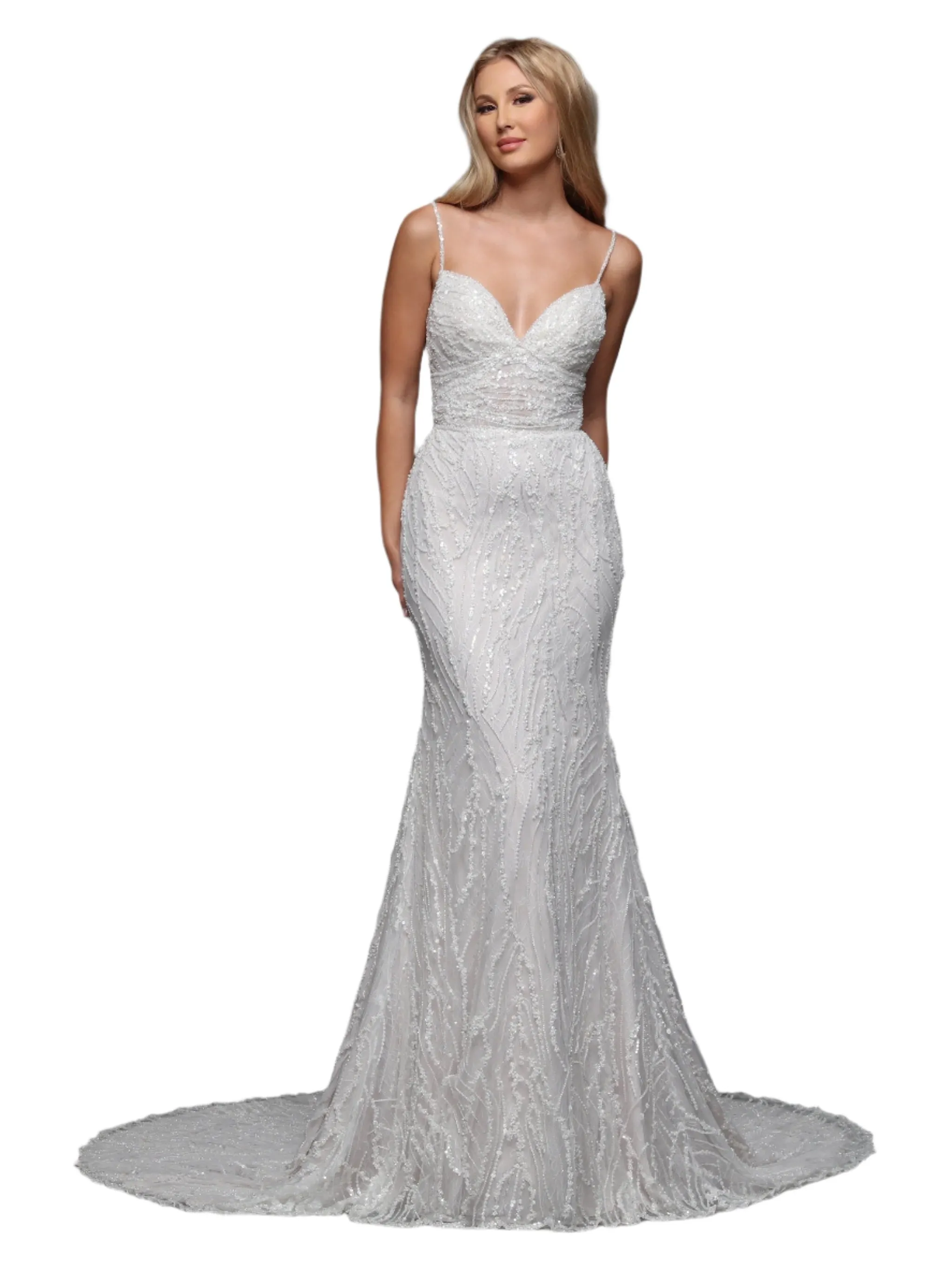 Davinci 50841 Sequin Beaded Lace Fitted Wedding Dress Train Bridal Gown v neck spaghetti straps