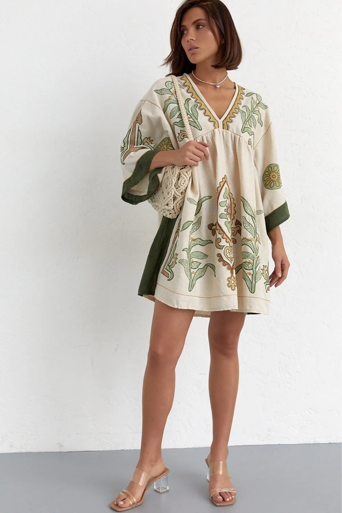 Ethnic Pattern Embroidered Mini Linen Dress, Boho Summer Style, Linen Clothing, Rustic Chic Style,Party Dress