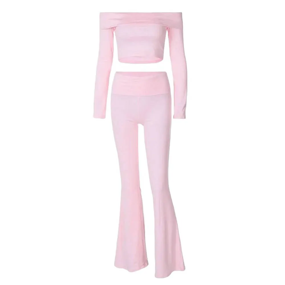 Fashionkova Soft Girl Bardot Top & Flare Pants Co-Ord