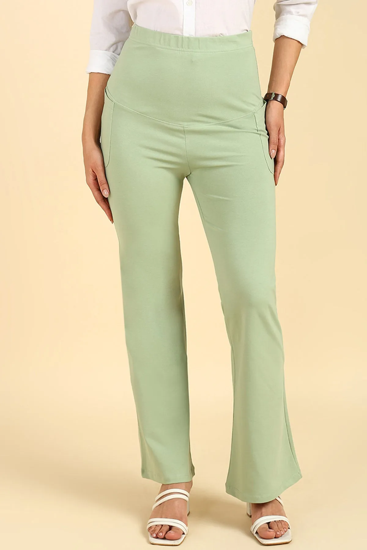 Fit & Flare Cotton Pistachio Green Maternity Pants (Pregnancy & Postpartum)