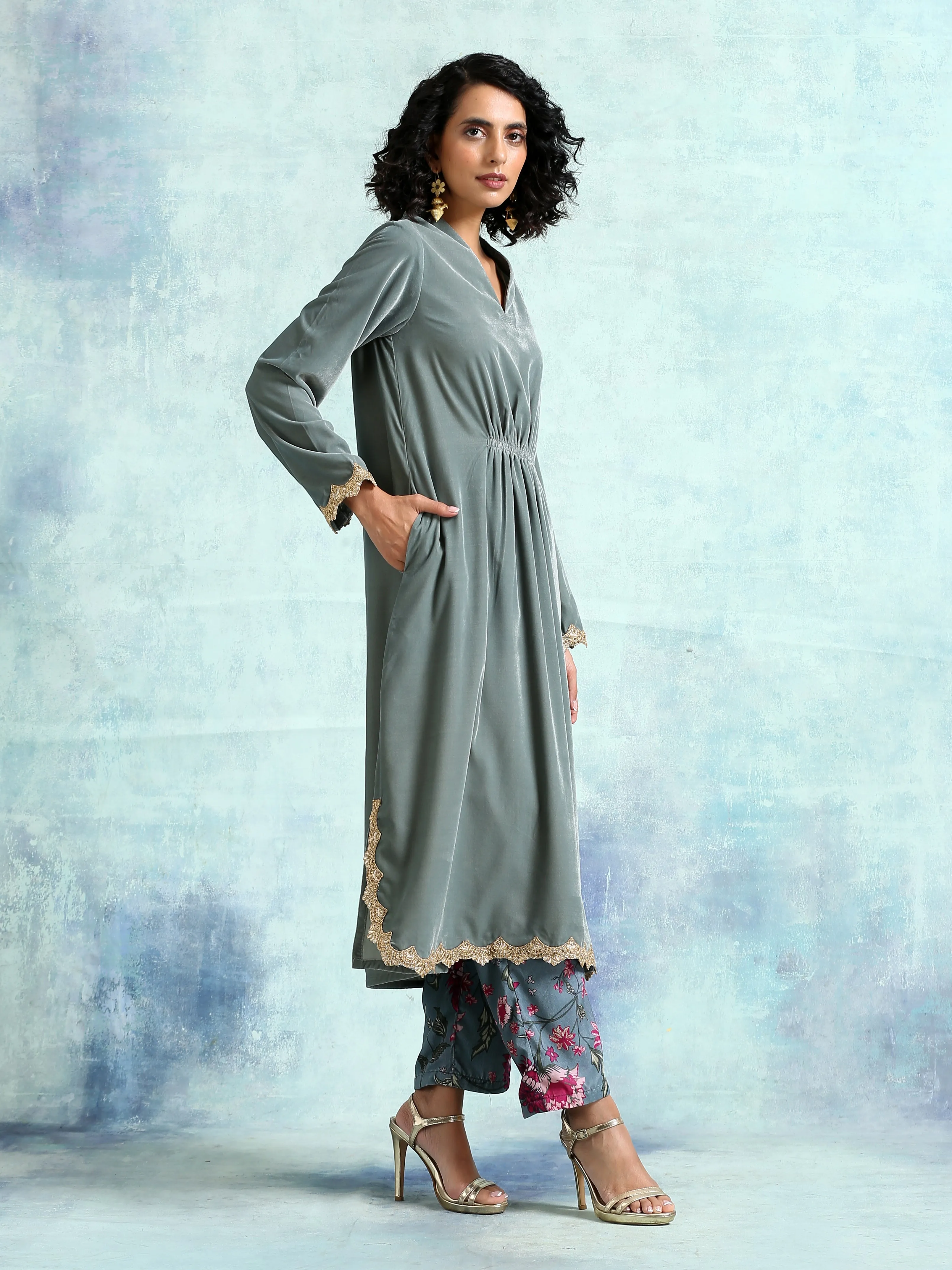 Grey Velvet Lace Kurta