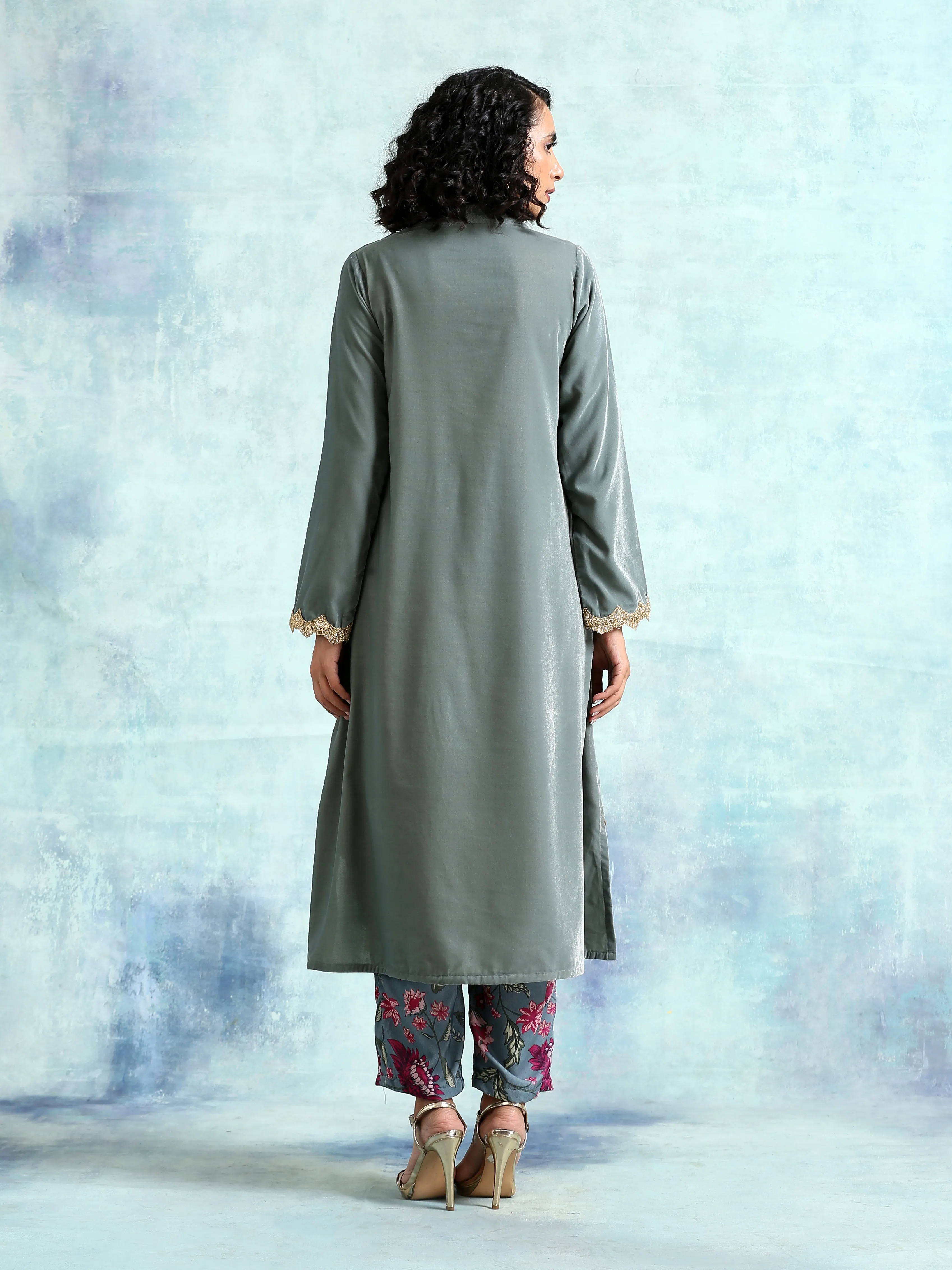 Grey Velvet Lace Kurta