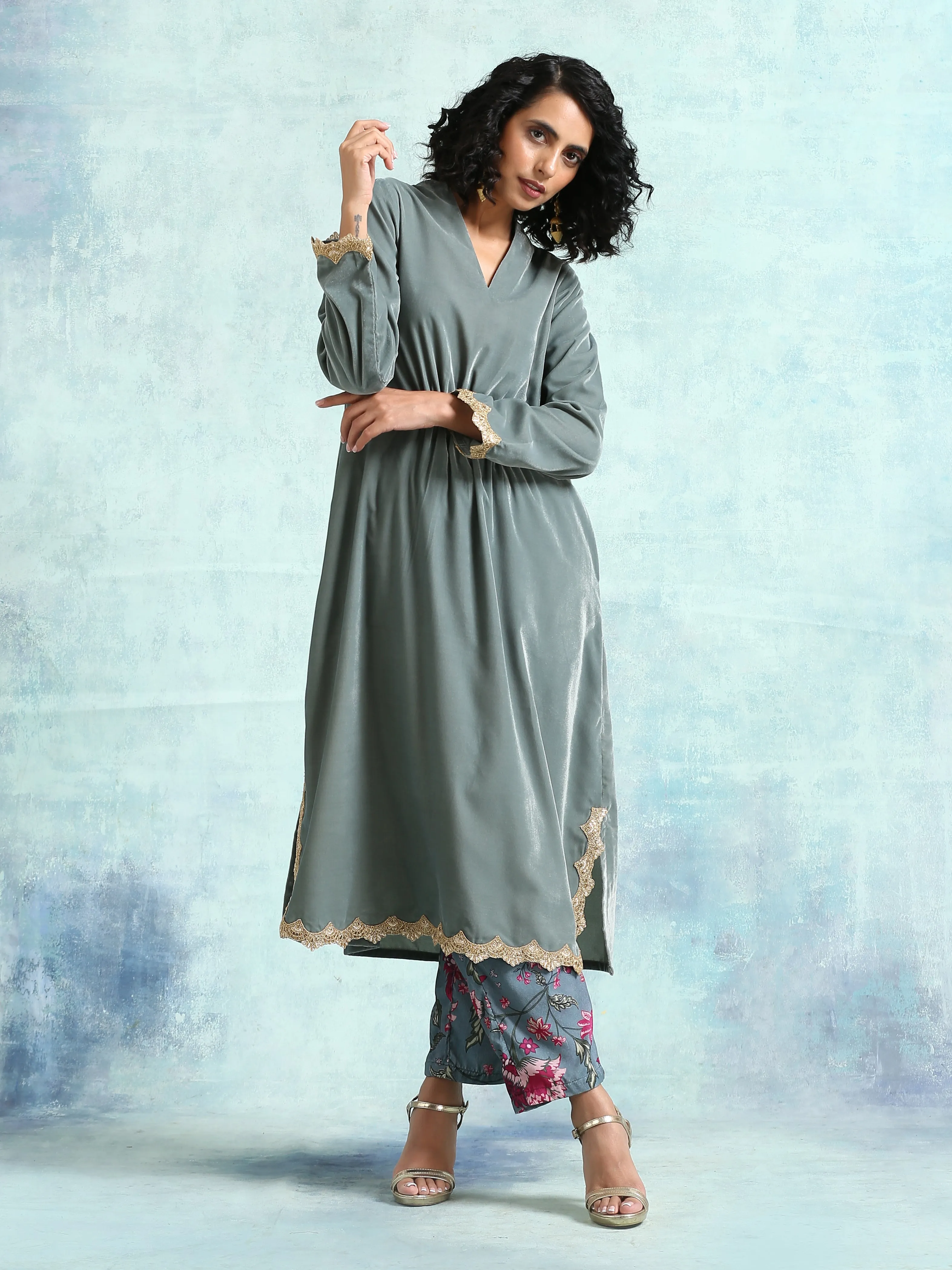 Grey Velvet Lace Kurta