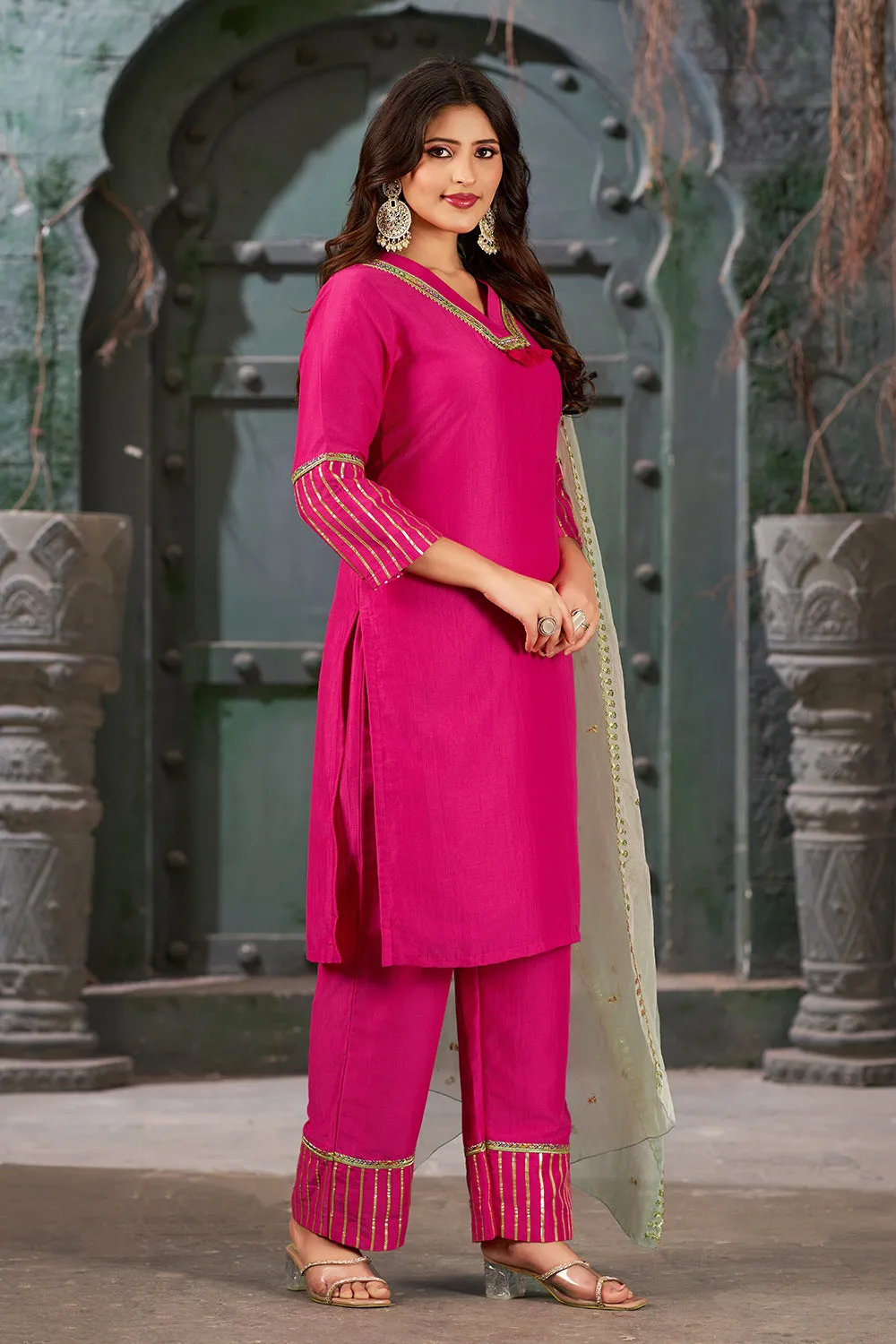 Hot Pink Straight Art Silk Kurta Set with Trousers and Dupatta