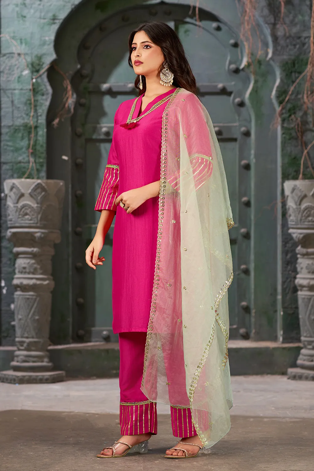 Hot Pink Straight Art Silk Kurta Set with Trousers and Dupatta