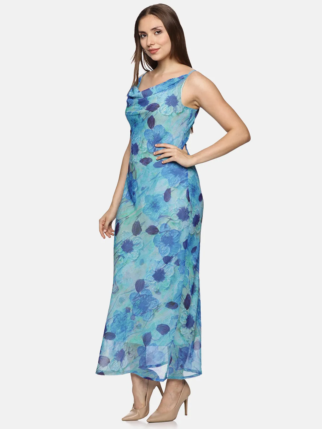 IS.U Floral Blue Cowl Neck Slip Dress