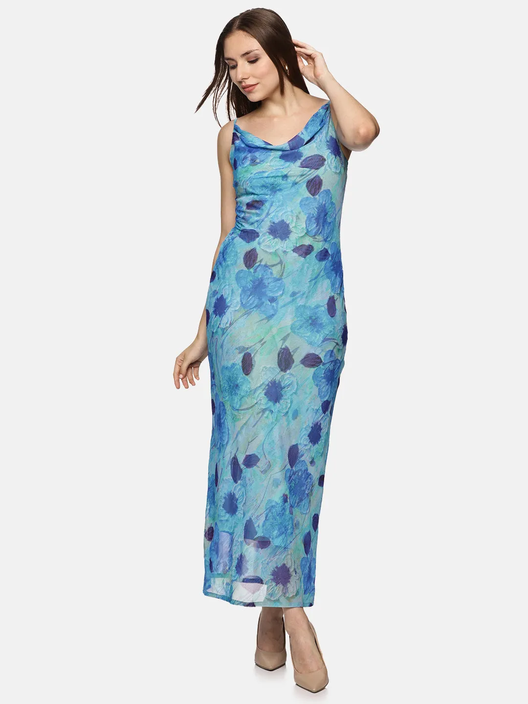 IS.U Floral Blue Cowl Neck Slip Dress