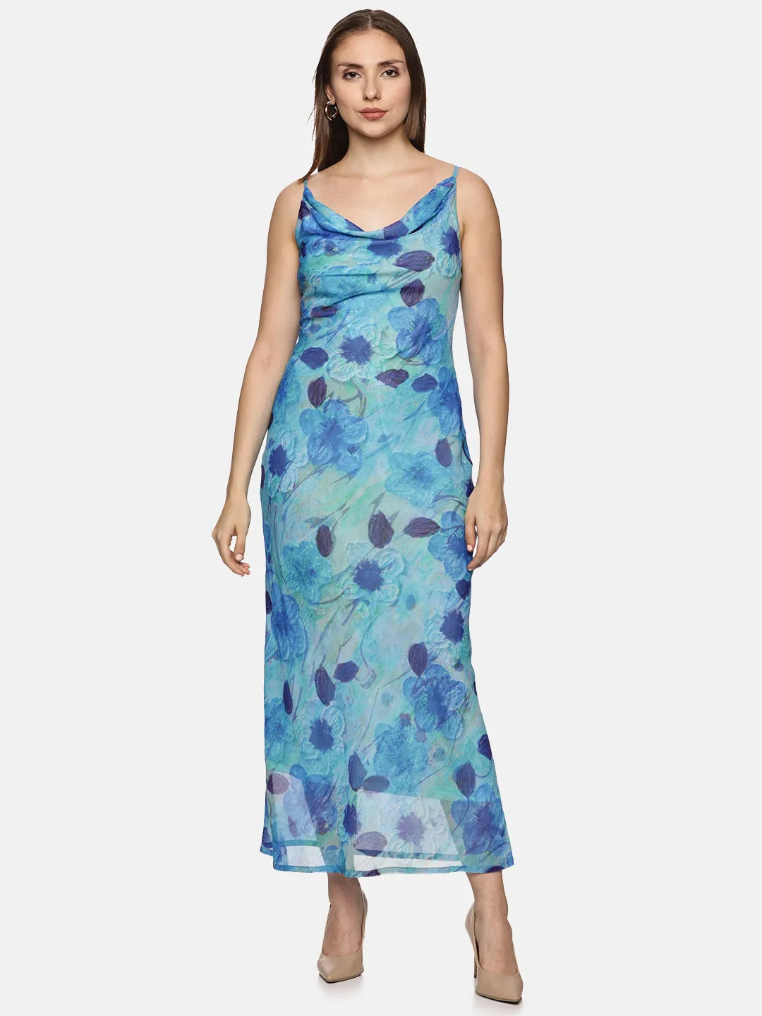 IS.U Floral Blue Cowl Neck Slip Dress