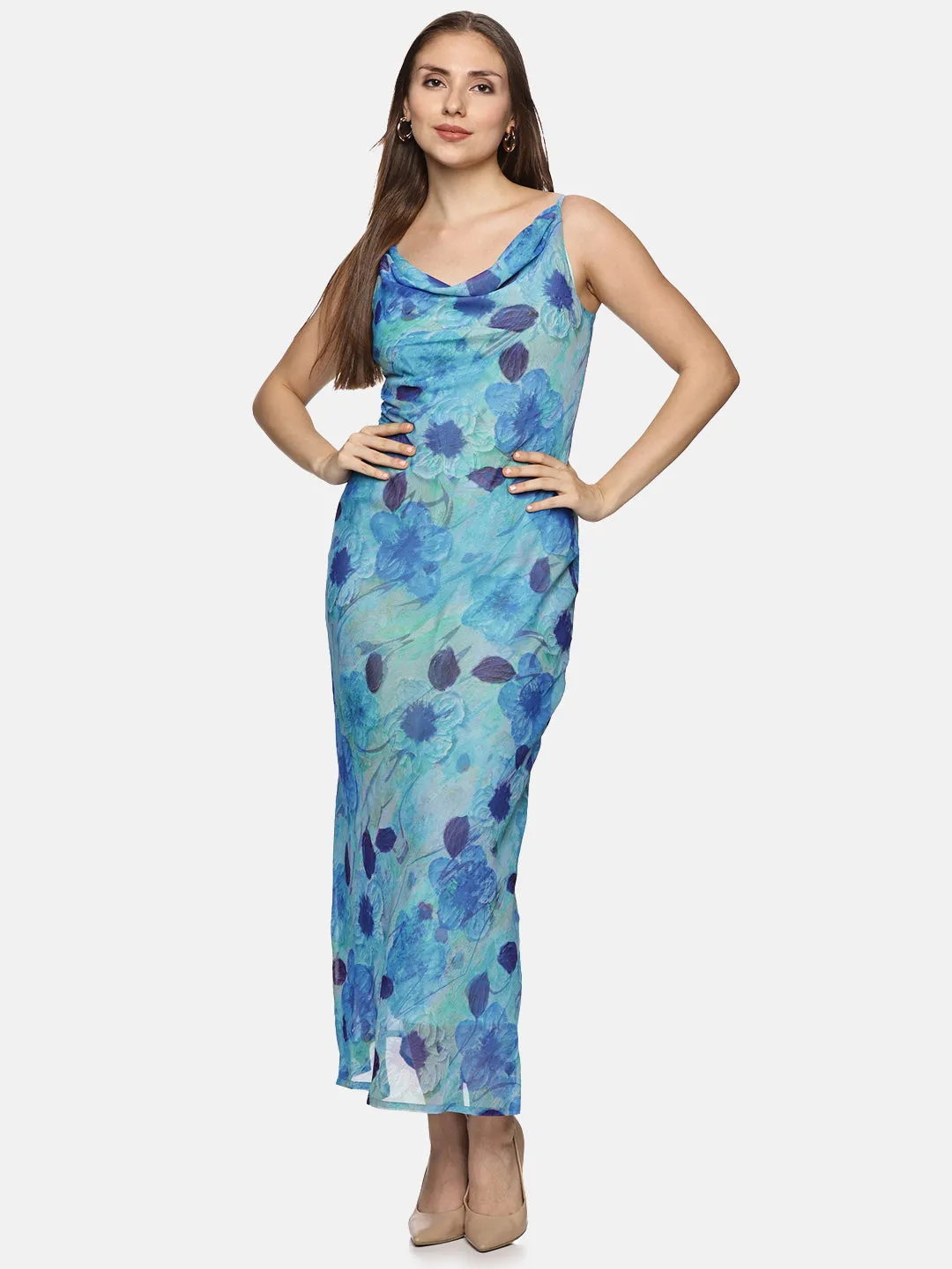 IS.U Floral Blue Cowl Neck Slip Dress