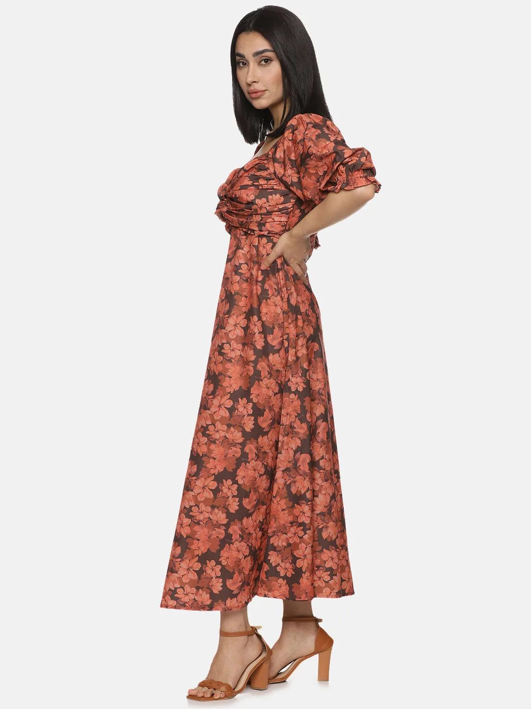 IS.U Floral Brown Front Twist Midaxi Dress