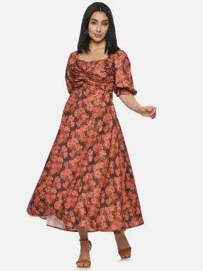 IS.U Floral Brown Front Twist Midaxi Dress