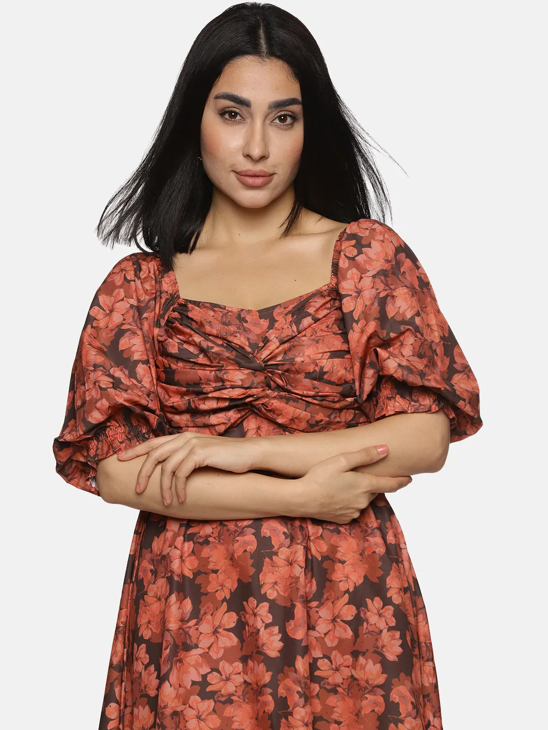 IS.U Floral Brown Front Twist Midaxi Dress