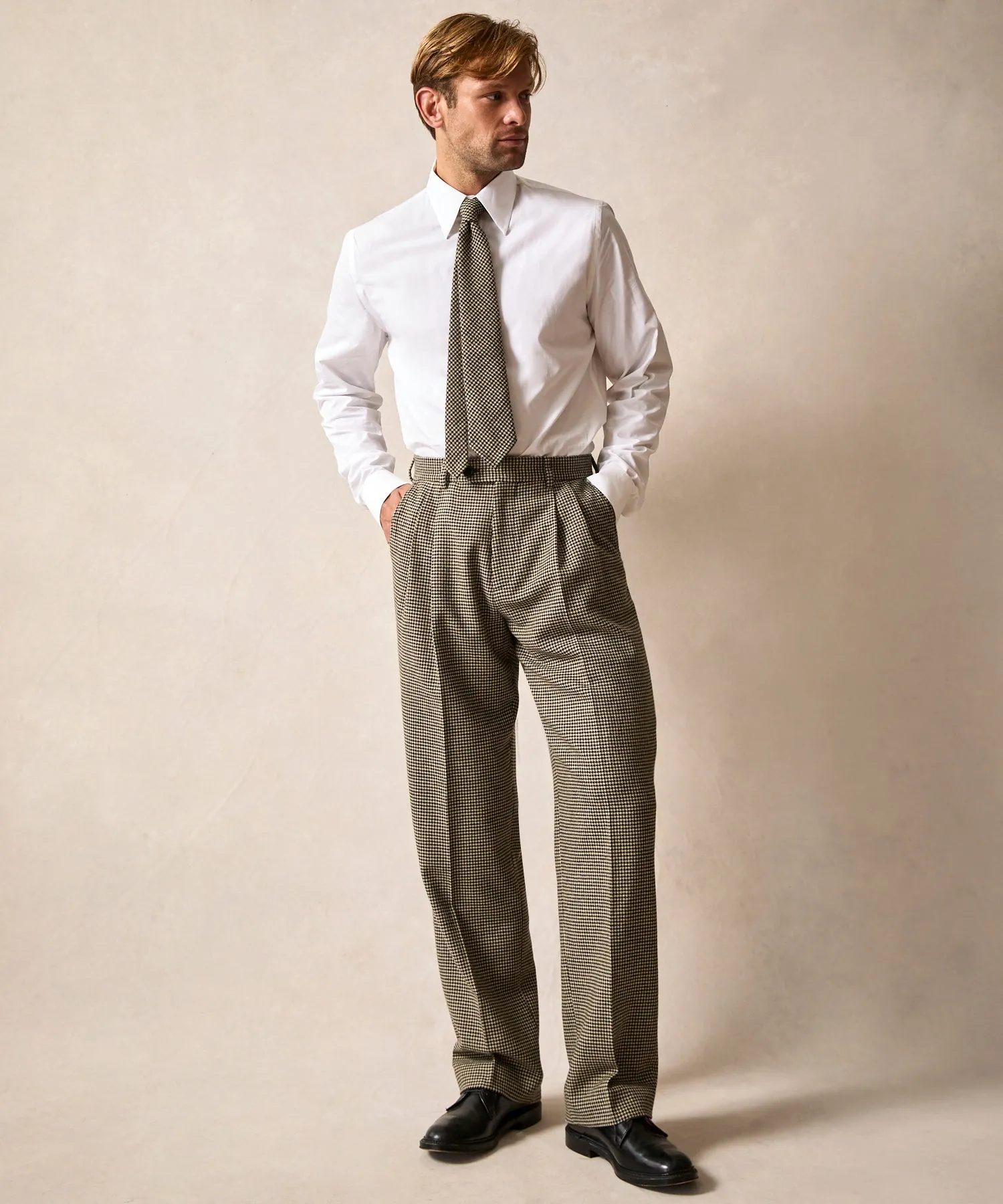 Italian Flannel Wythe Trouser in Cream Houndstooth