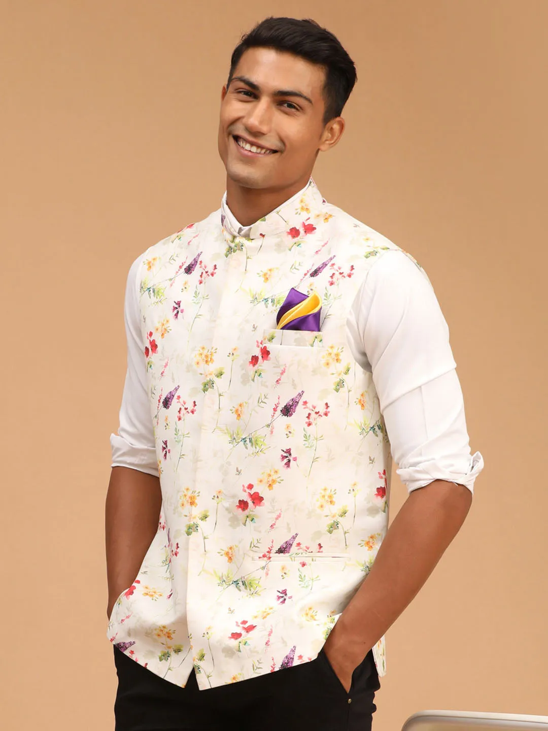 Jashvi Men's Cream Base Multi Printed Cotton blend Nehru Jacket