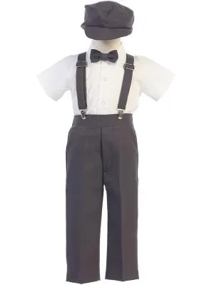 Khaki Longsleeves Boys Suspender Pants Set w/ Hat