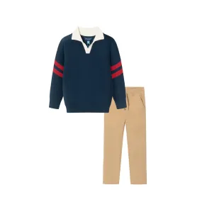 Kids Collared Sweater & Hybrid Pant | Navy & Cognac