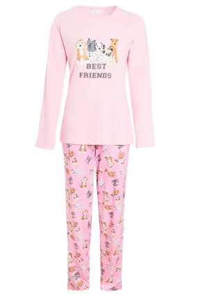 Ladies Pink Dog Print Jersey Cotton Pajama Set Soft Cozy Long Sleeve Women's Nightwear Sleepwear Loungewear Multiple Sizes by Daisy Dreamer