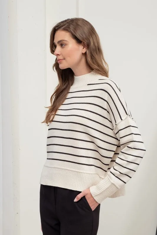 Large Mock Neckline Stripe Pullover Sweater